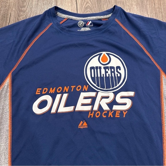 Majestic Jersey Edmonton Oilers Hockey Tee T Shirt Men’s Medium Blue Colorblock - Picture 2 of 8